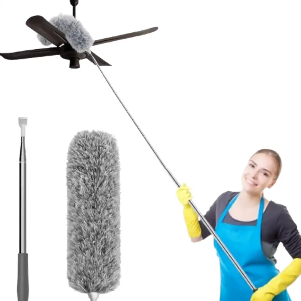 Espanador de Pó Ajustável Até 2,80 Metros com Cabo em Aço Inox Haste Flexível para Limpar e Remover Poeiras em Lugares Alto, Teto, Ventilador, Armários e Persianas - Utensílio Multioso para Casa