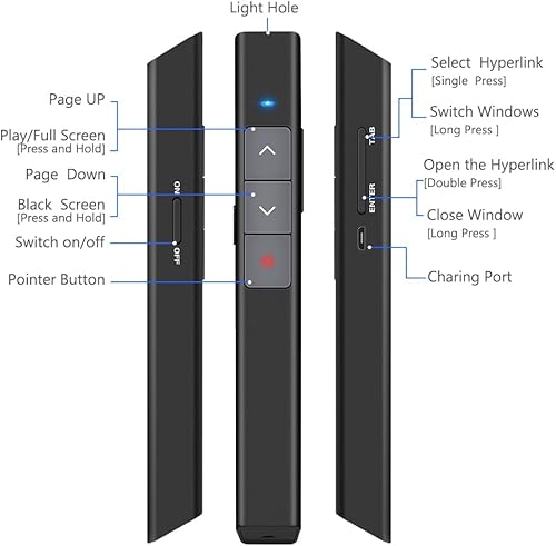 Vista 17 de DinoFire Presentador inalámbrico, Hyperlink Control de Volumen Presenter RF 2.4 GHz PowerPoint Clicker Presentación Mando a distancia Puntero láser