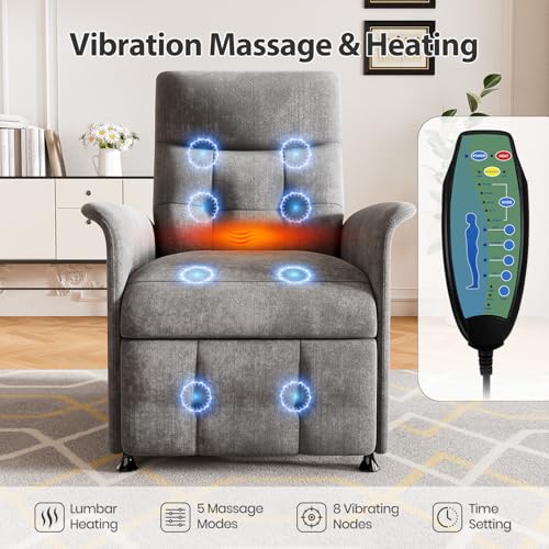 Image of Power Recliner Chair for Adults with Heat & Massage - Soft Fabric Electric Reclining Sofa with Remote Control, 180 Lay Sleeper 3 Side Pockets for Living Room Home Theater, Dark Grey