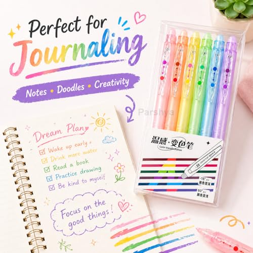 Image of KiddieWorld Color Changing Gel Pens Set of 6 | Magic Temperature Sensitive Ink Pens | Smooth Fine Tip Writing | Erasable Heat Reactive Pens for Kids, Students, Office, Journaling & Gifts