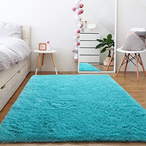 Image of Handmade 2 Inch Pile Height Super Soft Touch Export Quality Plain Shag Rectangular Carpets For Home Size 6 X 6 Feet Color Teal Blue