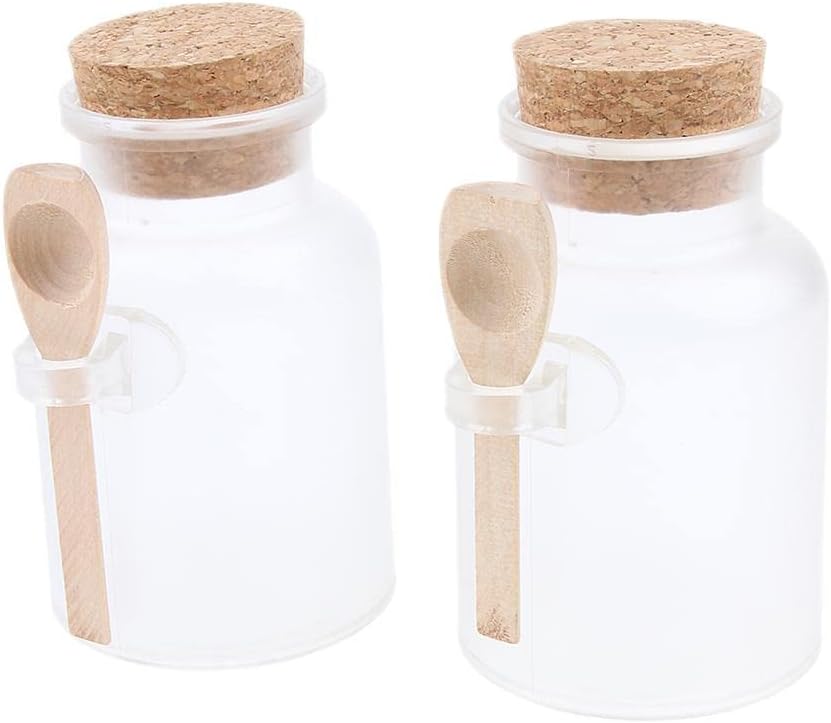 T.O.G. 2 Pieces ABS Bath Salt Bottles Empty Clear Corked Jar with Wood Spoon 200g