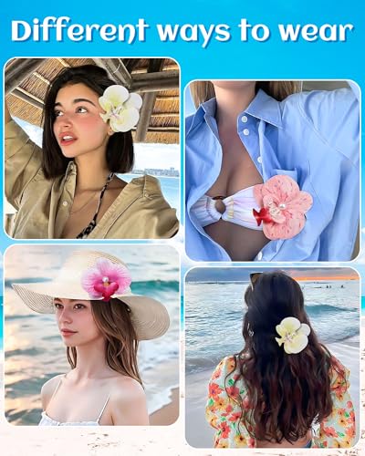 3Pcs Hawaiian Flower Hair Clip for Women Butterfly Orchid Hair Barrettes Flower Hair Clips with Pearl Summer Artificial Flowers Hair Clips for Beach, Bridal Hair Accessories(Purple+Light Yellow+Pink) — view 5