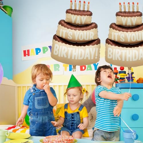 Image of 2PCS Happy Birthday Cake Foil Balloons, 40 inch Large Three-Layer Mylar Birthday Balloons, Yay Balloon for Girls Boys Kids Baby Shower Party Decorations, Brown