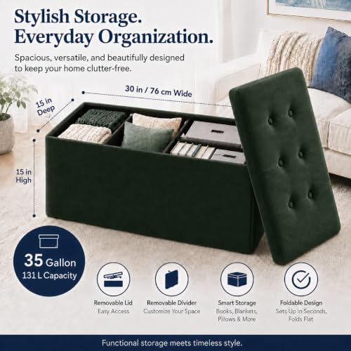 Image of ALASDO 30 Inch Folding Storage Ottoman Bench with Hidden Storage, Velvet Storage Ottoman Foot Rest Stool, End of Bed Bench for Bedroom, Living Room, Entryway and Closet, Dark Green