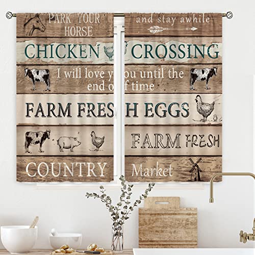 Cinbloo Rustikale Scheunentür-Küchenvorhänge, 60x99 cm, Stangentasche, Retro-Holz, Café-Vorhänge, Bauernhoftiere, Kuh, Schwein, Pferd, Holzplanke, Bauernhaus, Kabine, Behandlungsstoff, 2 Paneele Cover