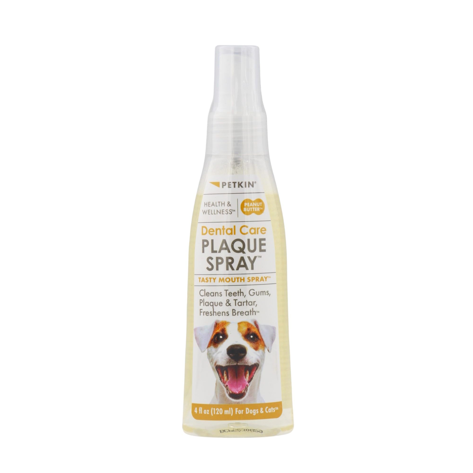 Petkin Plaque Spray, Peanut Butter, 4 Fl Oz - Cleans Teeth & Gums, Removes Plaque & Tartar, Freshens Breath & Whitens Teeth with Baking Soda - Ideal