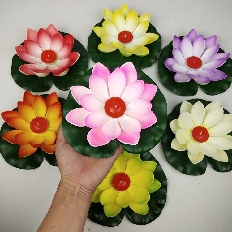 EdricShop 10cm/18cm Artificial Floating Water Lily EVA Lotus Flower Pond Decor Red Yellow Light Pink Pool Simulation Lotus with Candle - (Color: 18cm Yellow)