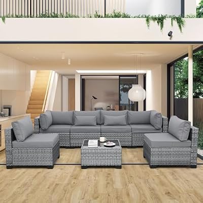 Valita 7 Piece Outdoor PE Wicker Furniture Set, Patio Gray Rattan Sectional Sofa Couch with Washable Grey Cushions