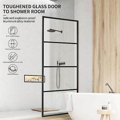 Shower Door Single Panel H-Type, Framed Tempered Glass Shower Door 34W*76L Inch For Walk-In Bathroom, 5/16” (8Mm) Thick Clear Transparent Glass Bathtub Shower Door Matte Black Finish #TOP2