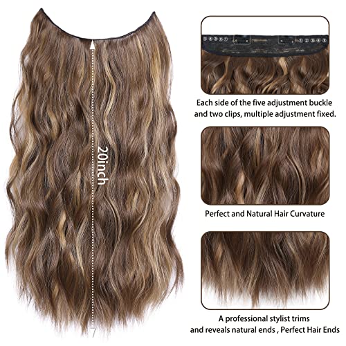 20 Inch Invisible Wire Hair Extensions With Adjustable Transparent Wire Honey Blonde Mixed Light Brown Synthetic Long Wavy Hairpieces With 2 Secure Clips In Hair Extensions For Women Daily Party Use #TOP2