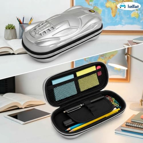 Image of FunBlast Car Design Pencil Case for Kids, Zipper Pencil Pouch for Boys & Girls, School Stationery Organizer, Large Capacity Pen & Pencil Holder, Cute Pencil Box, Birthday Return Gift for Kids (Grey)