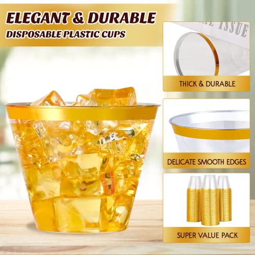 Vplus 100 Pack 9 Oz Gold Rimmed Plastic Cups, Hard Disposable Cups, Plastic Drinking Cups, Plastic Wine Glasses For Party, Wedding, Thanksgiving, Birthday, Halloween, Christmas #TOP2