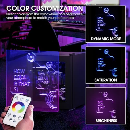 HCK 48L Mini Kühlschrank mit Glastür Leise 39dB, Cyberpunk Getränkekühlschrank mit Fernsteuerbaren RGB LED Lichtern, Flaschenkühlschrank, Mini Fridge 0-15°C für Gaming Deko, Minibar, Schwarz – Bild 4