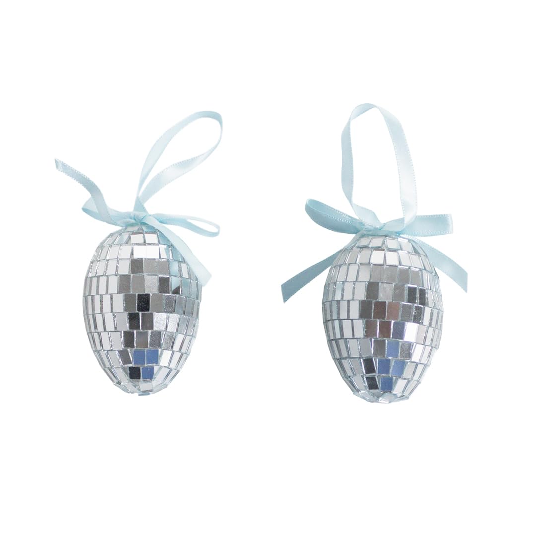 Gem Imports Multicolour Blue Disco Easter Eggs Hanging Decorations – Pack Of 2 Glitter Mirror Ball Egg Ornaments With Ribbon For Wreaths & Spring Displays