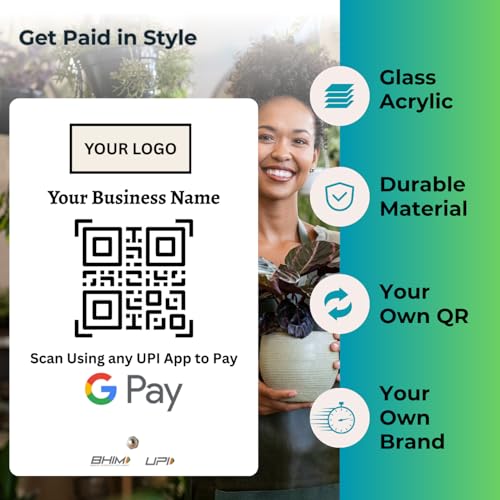Image of UPI Payment Standee | Custom Acrylic Stand with QR Code, Logo & Business Name | Compatible with All Major UPI App | Design 3