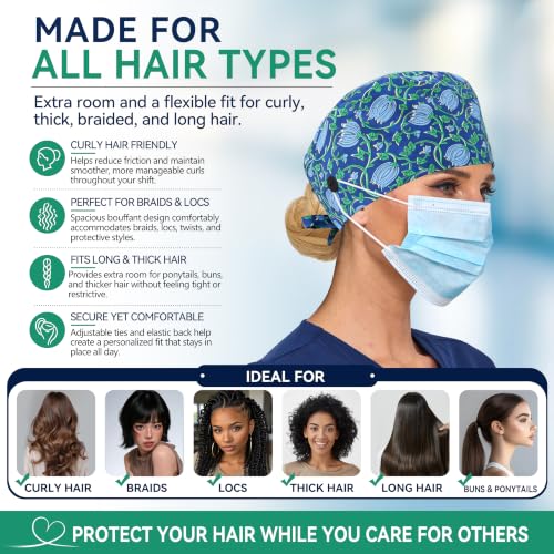 Image of Adjustable Scrub Cap with Button, Satin-Lined Cotton Scrub Hat Sweatband, Elastic Working Hat Unisex, One Size