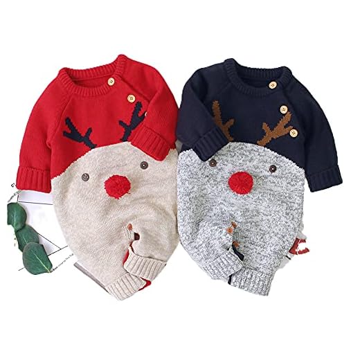 Geagodelia Navidad Mono Bebé Recién Nacido Pelele Suéter con Manga Larga Cuello Redondo Mameluco Estampado de Animados Navideños Mono Cálido Romper Unisex Bebé (Rojo, 0-6 meses)