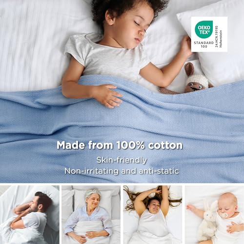 Image of Bedsure 100% Cotton Blanket, Herringbone Weave, Queen Size, Ashley Blue
