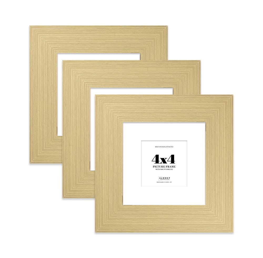 4x4" Gold Square Frame With Mount for 2x2" Pictures 28mm Edge Frame Display with Wall Hooks and Kickstand, 3 Pack