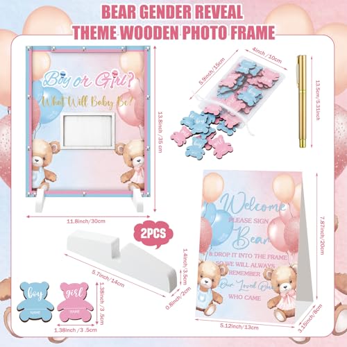 Image of Beeveer 65 Pcs Bear Gender Reveal Baby Shower Guest Book Alternatives Pink and Blue Bear Gender Reveal Decorations Sign in Guest Book with Picture Frame and 60 Wooden Chip for Party Keepsake