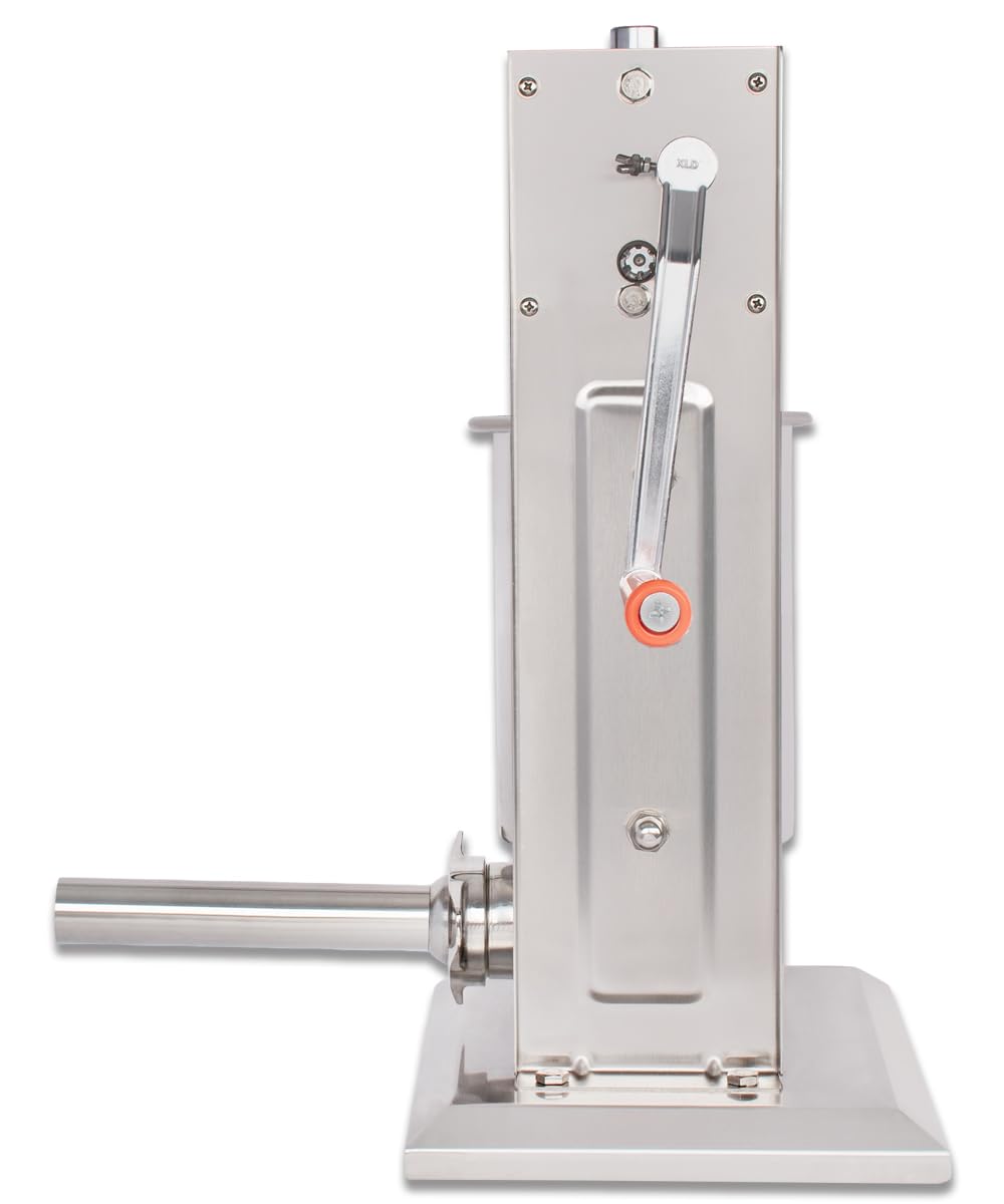 Beeketal 'BT03' Edelstahl Industrie Wurstfüllmaschine (3 L Volumen) SGS-geprüft, Profi Wurstfüller mit gehärtetem 2 Gang Vollmetall-Getriebe und 90° Aluguss Handkurbel, inkl. 5 Fülltüllen