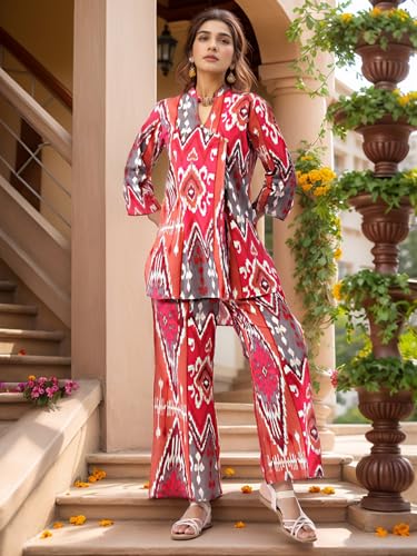 Nainvish Women's Deep Pink Printed Straight Rayon Blend V-Neck Co-Ord Set (Sd723_Kb-Xl_Deep Pink)