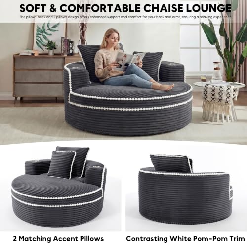 Image of Oversized Round Chair Lounge Chaise Indoor, 54.3 inch Upholstered Corduroy Deep Seat Single Cloud Sofa Chair with Cup Holder, Modern Large Circle Boneless Sleeper Sofa for Living Room, Dark Grey