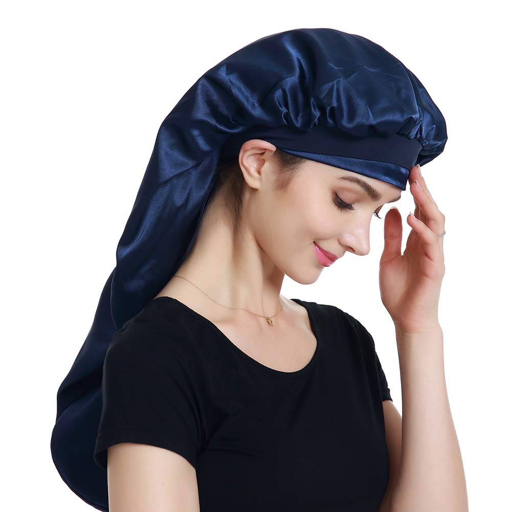 Alnorm Women's Navy Satin Head Scarf Braid Bonnet Hair Wrap For Sleeping