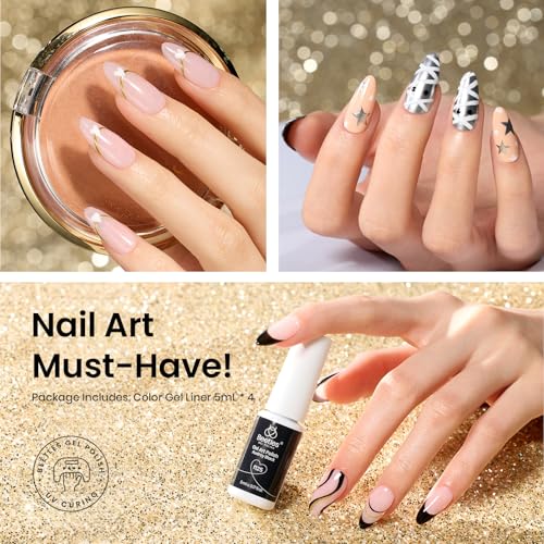 Image of Beetles Gel Liner Nail Polish Set 5ml, 4 Pcs Nail Art Liner Gold Glitter Silver Black White Gel Polish Kit, 3D Mirror Painted Glossy Swirl French Chrome Effect Nails Design Gift for Women