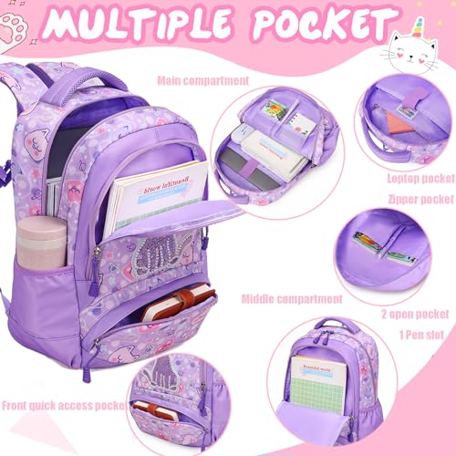 Jumpopack Cat Backpacks for Girl School Backpack for Girls Elementary Girls Backpack with Lunch Box Back to School Bag Bookbag (Sequin Cat - image 6