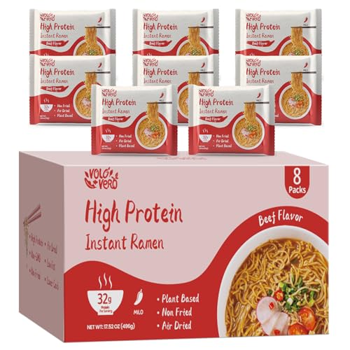 Image of VOLO VERO Protein Ramen Instant Noodles Soup inchSpicy inch Beef Flavor, 32g High Plant-Based Protein, 8 Packs, Non-Fried, Vegan, Low Fat, Non-GMO, Egg & Dairy Free, Healthy Asian Meal