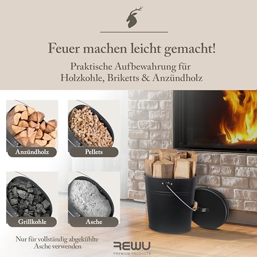 ReWu Stahleimer Ascheeimer Mehrzweckeimer oval mit Deckel für heiße Glut und Asche - Größe 15 l - Kohleeimer Kamineimer in matt schwarz