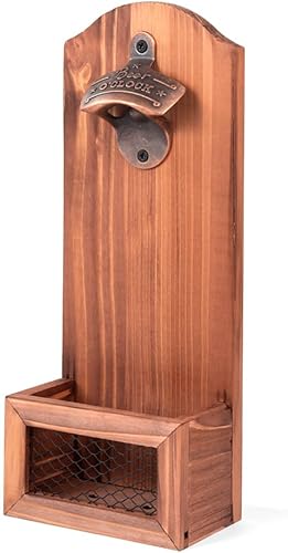 Abrebotellas con colector de tapas, abrebotellas de madera vintage montado en la pared, regalo ideal para hombres y amantes de la cerveza, uso como