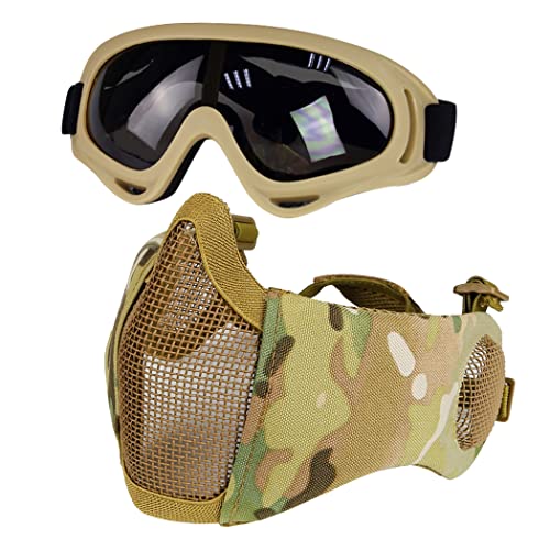 Yzpacc Airsoft Mask with Goggles, Foldable Half Face Airsoft Mesh Mask with Ear Protection for...