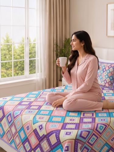 Image of Mafatlal 130 GSM Pearl Contemporary Single Bed Linen Set with 1 Pillow Cover | 60 x 90 Inch | Elegant Printed Design | Color Lock Fabric, Comfortable Sleep, Durable & Easy Wash | Geometric Multi