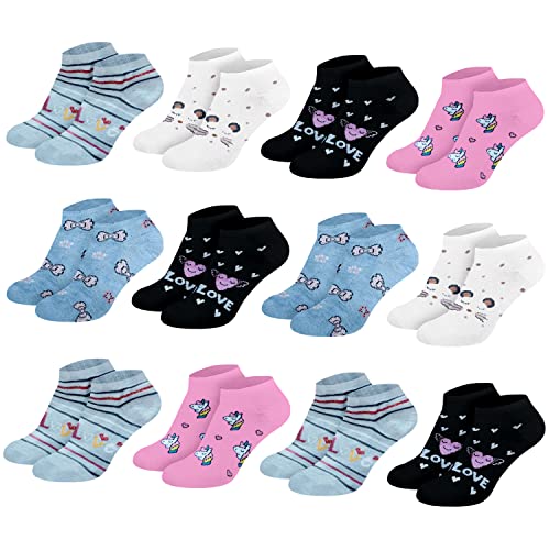 Nakloe - 12 Pares de Calcetines Tobilleros para Niña - Cortos Con Dibujos - Transpirables y de Algodón