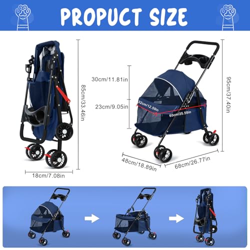 2in1 Hundewagen, Hundebuggy mit 1 Getränkehaltern, Hundebox Transporttasche Faltbar klappbar mit Feststellbremse, Bollerwagen für Hunde, 48 cm * 68 cm * 95cm (Blau)