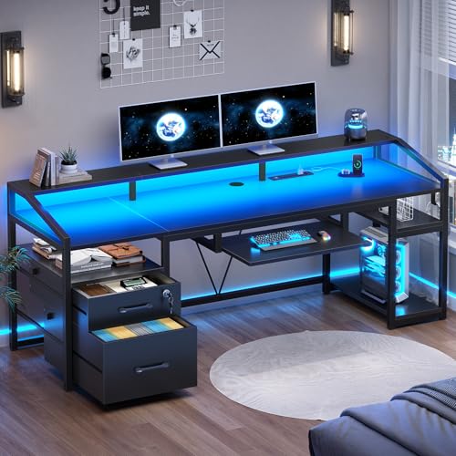 SEDETA 63" Computer Desk, Office Desk with Lockable Drawers for Legal/Letter File, Gaming Desk with LED Lights & Power Outlet, Home Office Desks with