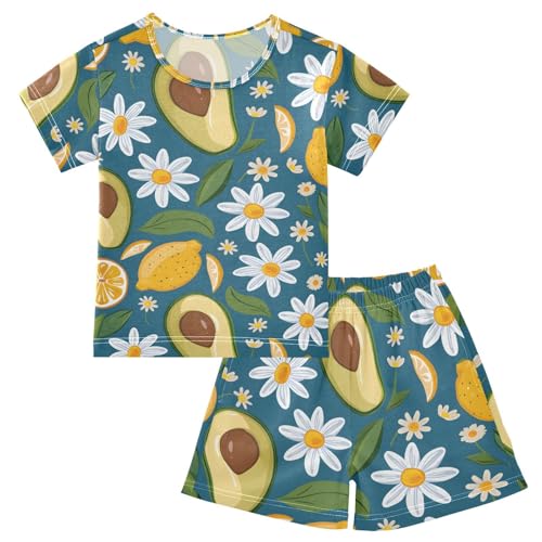 ALAZA Lemon Daisy Flower Avocado Pajamas Short Sleeve 2 Piece Sleepwear Top and Bottom Pajama Set Unisex