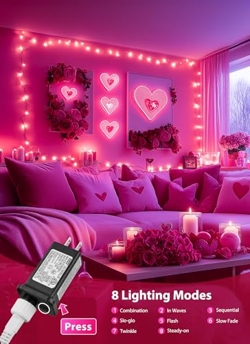 Image of Pink Christmas Mini Lights, 39Feet 100 LED Pink String Light with 8 Lighting Modes, Connectable Valentine's Lights for Indoor Outdoor Valentine's Day Garland Wreath Holiday Decoration, White Wire