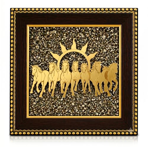 Image of CrystalPurna 7 Running Horses Pyrite Stone Frame with Rising Sun | Natural Pyrite Crystal Vastu Wall Decor for Wealth, Success & Positive Energy | Wooden Home & Office Decoration | Large Size