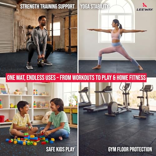 Image of Leeway Gym Mats for Floor | EPDM (Set of 4, 10mm, 20 inchx20 inch) Black with Blue Flecks| Gym Floor Mat Rubber for Heavy Workout | Matt for Home Exercise | | Yoga Rubber Tiles, Kids Rooms Heavy Duty Sheet