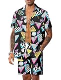 LecGee Mens Hawaiian Shirts and Shorts Set 2 Pieces Mushroom Memphis Graphics Neon Geometric Print Outfit