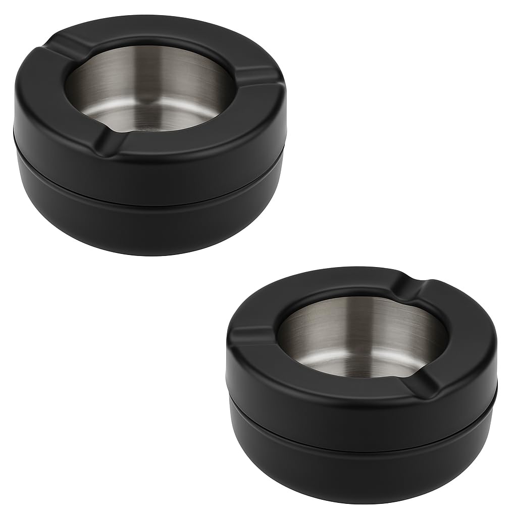 BARZIO Stainless Steel Ashtray for Cigarette | 2 Pc | Black Lid Ash holder | for Home,Office,Bar | Heavy Duty | Windproof & Easy To Clean | Round Ash Catcher-image-17
