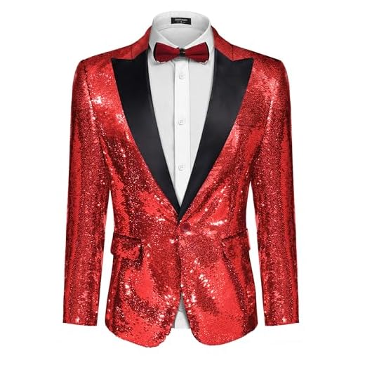 COOFANDY Shiny Sequins Suit Jacket Blazer One Button Tuxedo For Party,Wedding,Banquet,Christmas,Nightclub, Red, Medium