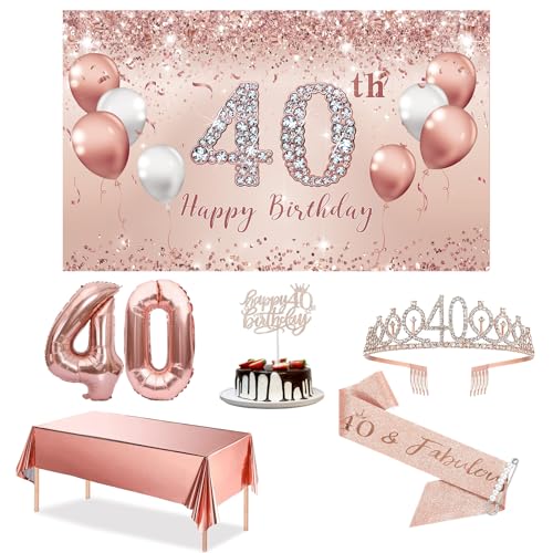 Trgowaul 40th Birthday Decorations Party Set for Women, Rose Gold 40 Birthday Banner and Tablecloth, 40 & Fabulous Sash and Tiara, 1PC Happy 40th Birthday Cake Topper, Pink Gold 40 Number Balloons