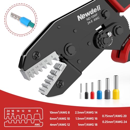 Image of Newdeli Ferrule Crimping Tool 24-8 AWG Wire Ferrule Crimper - Ratchet Wire Crimper Tool for Ferrule Connectors Electrical Wire Terminals Ratcheting Crimping Plier Crimp Tool