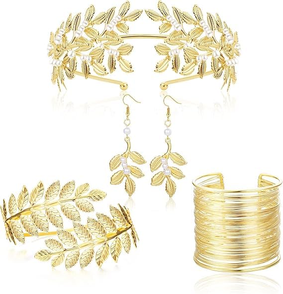 5 Pieces Greek Goddess Costume Accessories for Women, Greek Goddess Costume Accessories, Roman Leaf Crown Headbands Hair Coil Bracelet, Greek Headband, for Wedding Party, Stainless Steel, 0