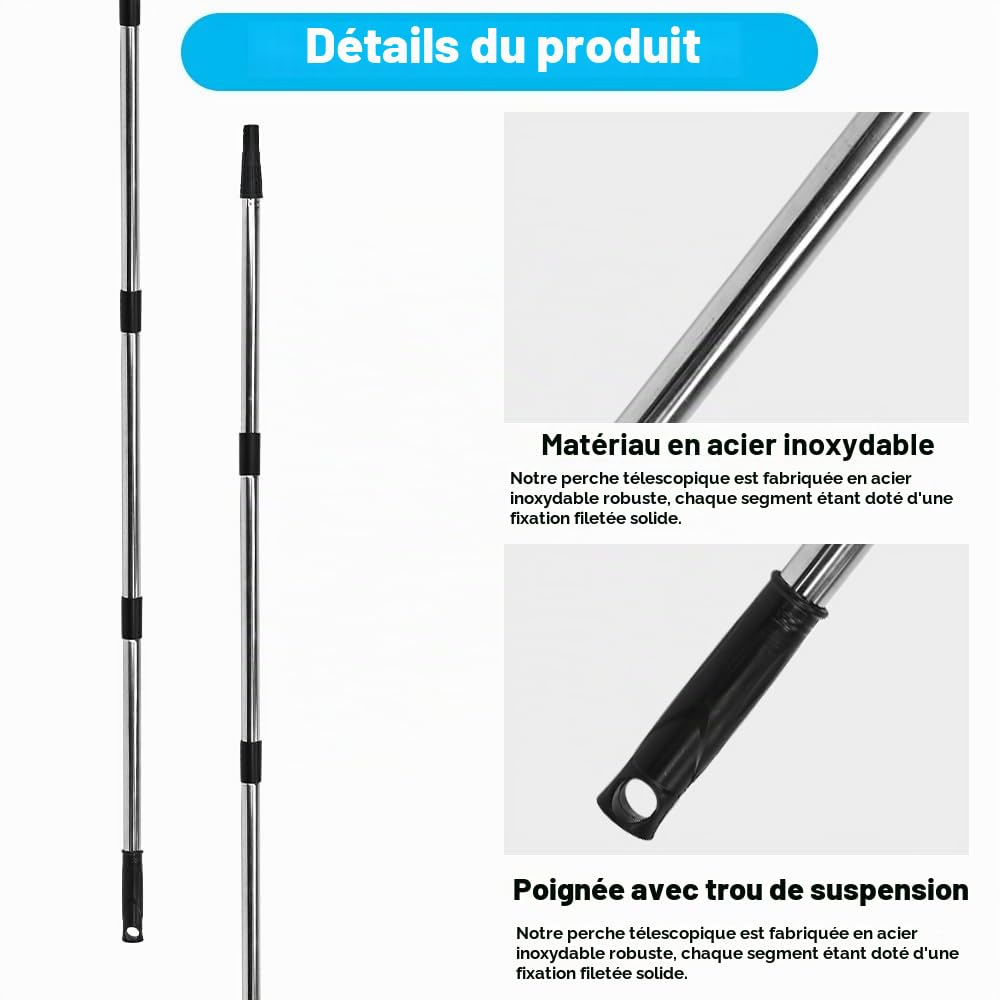 Perche d'Extension Télescopique, 260 CM Tige Télescopique pour Rouleau Peinture Rallonge pour Rouleau à Peinture Poignée d'Extension de Peinture en Acier Inoxydable pour Nettoyage de Vitres